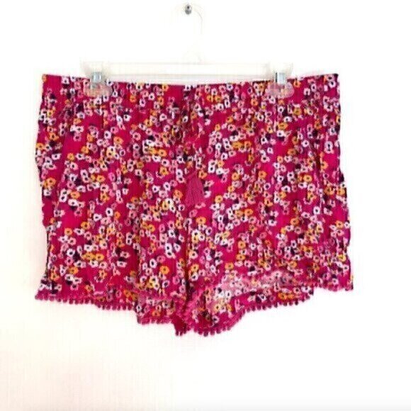 A.N.A Magenta Pink Blue Mustard Floral Pull On Drawstring Pom Pom Trim Shorts L - Picture 1 of 11
